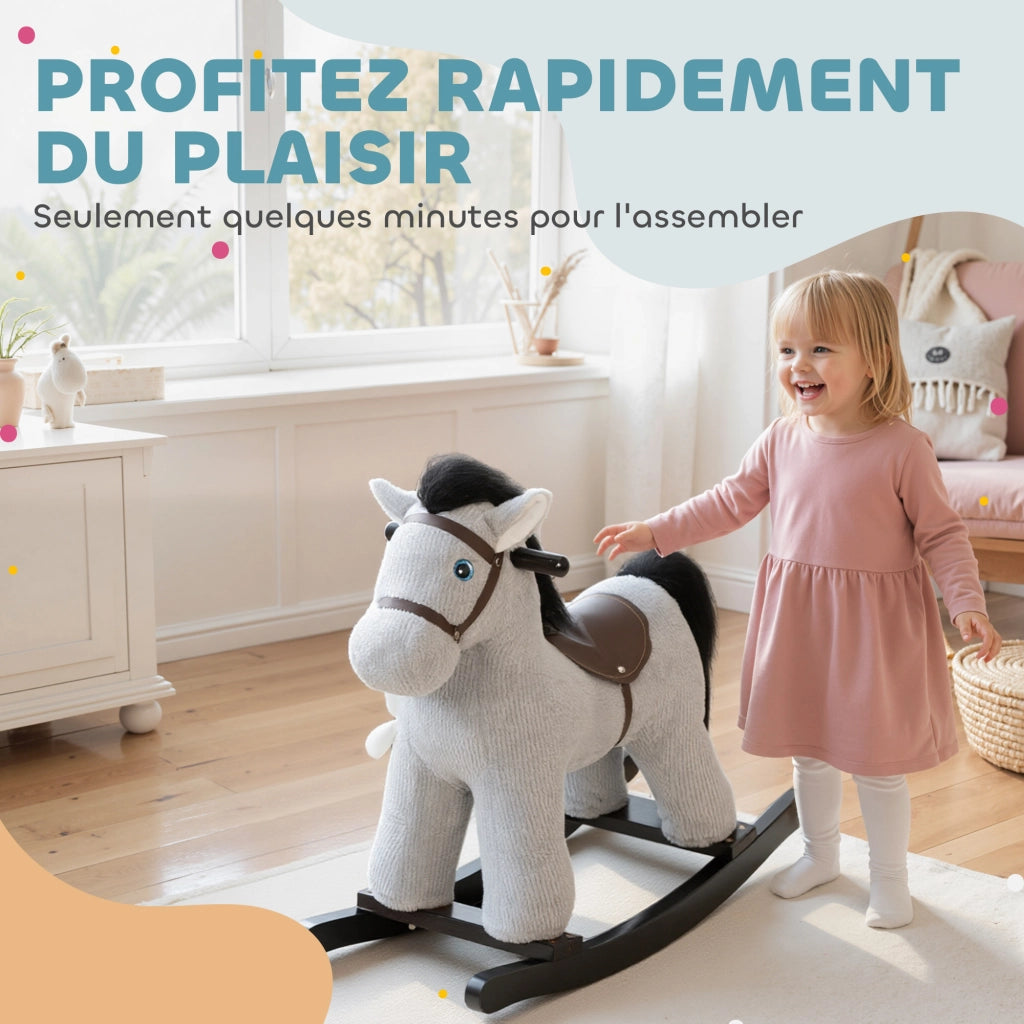 Cavallo a Dondolo in Peluche per Bambini con Suono e Bambola ¨C zephmum ¨C Grigio 71x26x55 cm