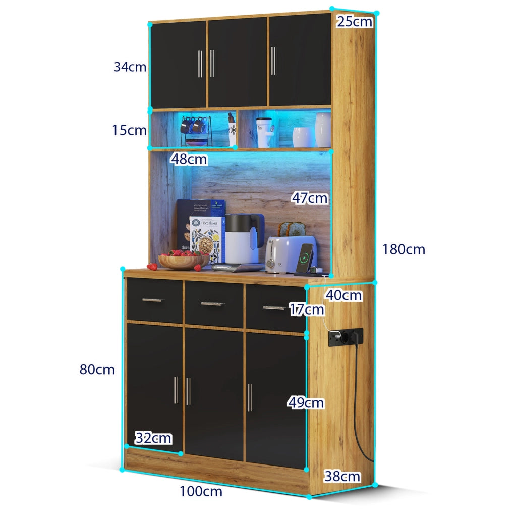 Mobile buffet da cucina 100x40x180 cm con LED APP, prese USB e cassetti