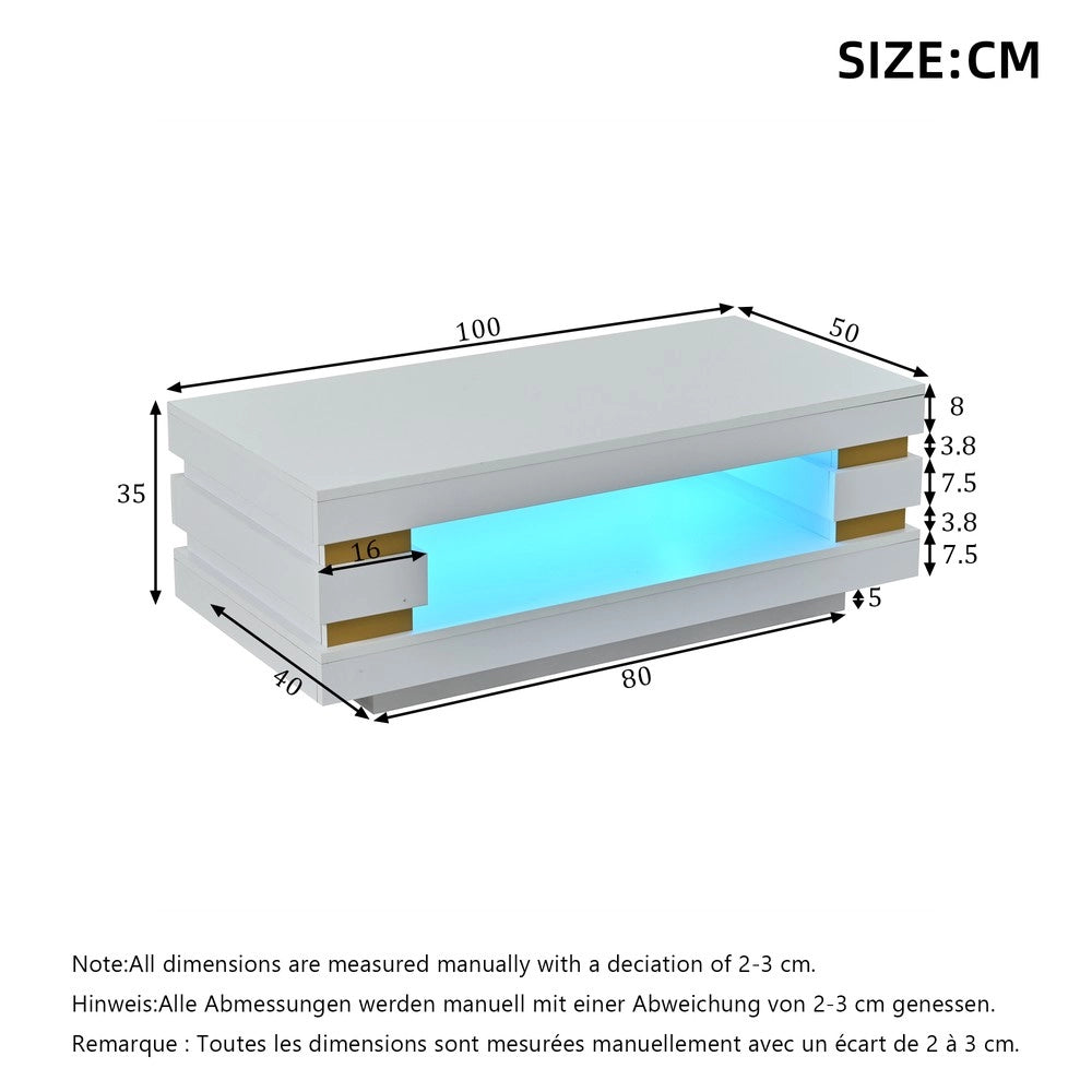 Tavolino da Caff¨¨ con Vano Contenitore e Luci LED ¨C MINIMAL ¨C Bianco, Truciolato, 100x50x35