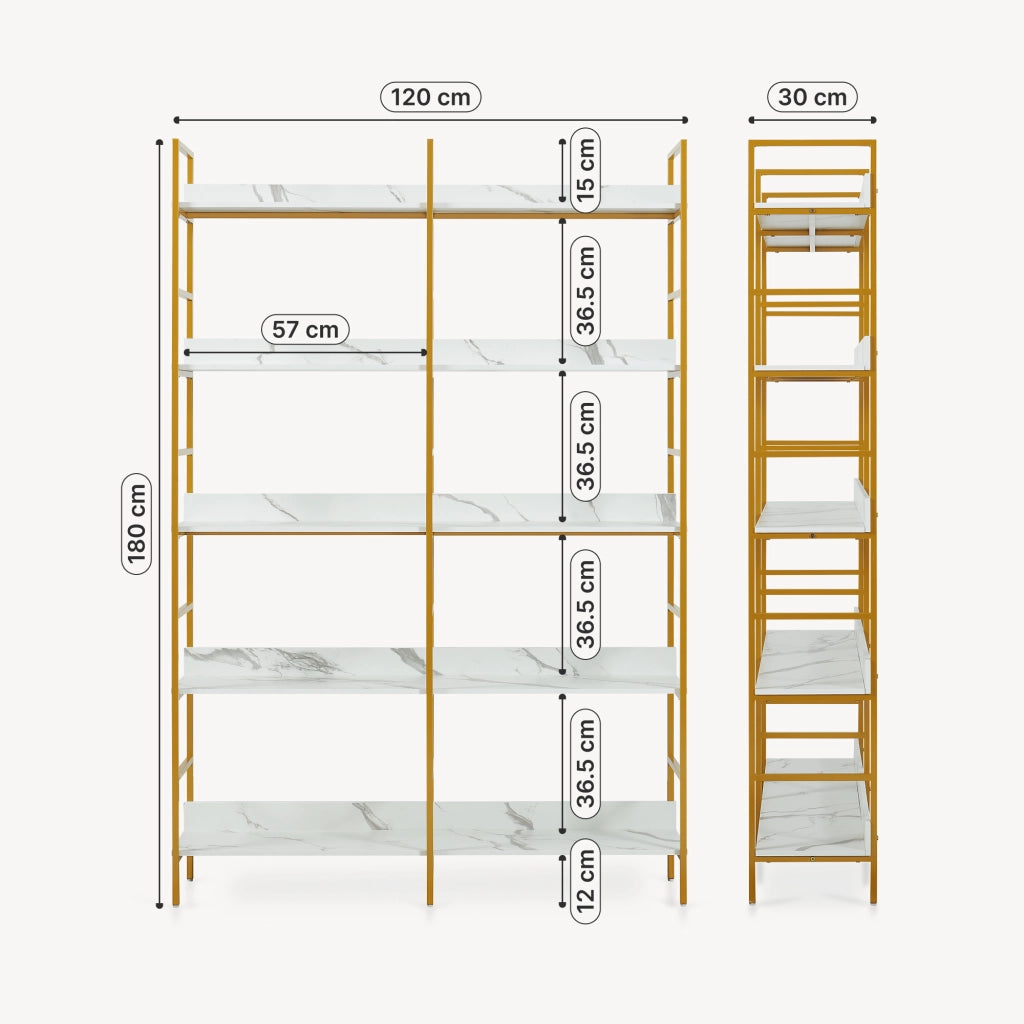 Libreria Noskik Scaffale da Terra con Ripiani 180 x 120 x 30 cm - Color Oro / Effetto Marmo Bianco [en.casa]