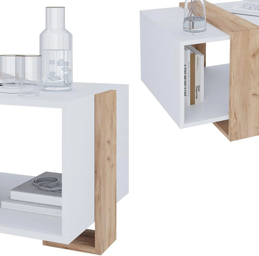 Tavolino Aven, Rovere bianco/dorato, 91.5 x 52 cm, con ripiano aggiuntivo per libri e riviste