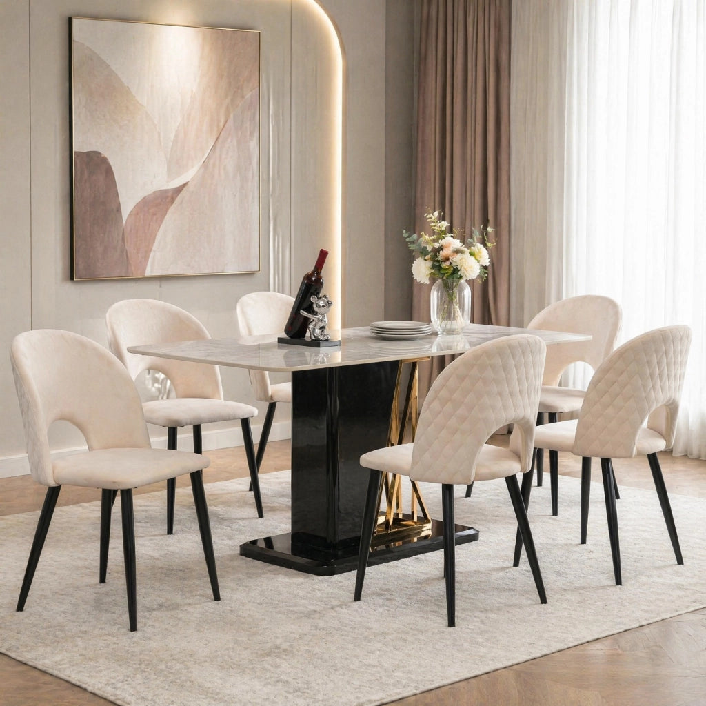 SEDIA Imbottita in velluto con schienale, gambe regolabili, beige, set da 6 pezzi
