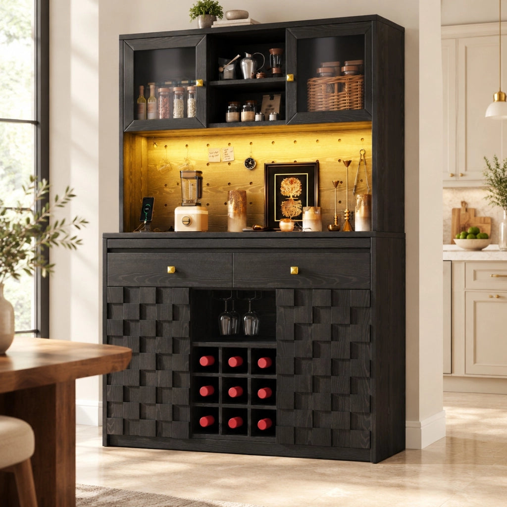 Mobile alto da cucina 120 cm con LED RGB, prese e porte USB nero HAVRYA