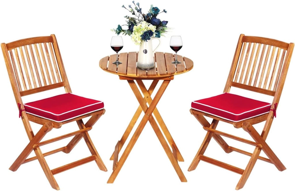 Set Tavolo e Sedie da Giardino, Set Mobili da Giardino Pieghevoli 3 Pezzi in Legno di Acacia, con Cuscini, Arredo Giardino per Giardino Terrazzo Balcone (Cuscini Rossi)
