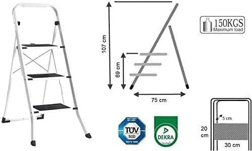 Scala a 3 Gradini  Pieghevole Facile da Riporre Portata max 150 kg, Bianco Semplice