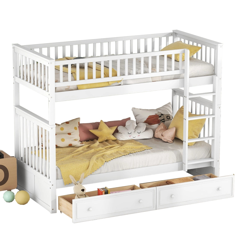 Letto a castello 90x200 cm convertibile in due letti; con 2 cassetti; pino; bianco