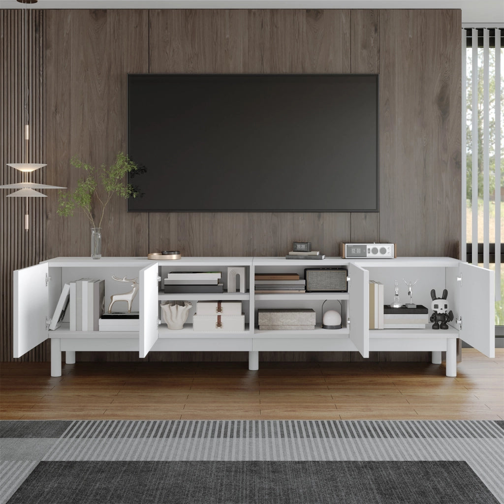 Mobile TV 169x34x45.5 cm; 4 ante senza maniglie con ripiani; MDF e pannello truciolare bianco