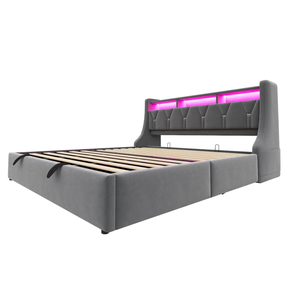 Letto contenitore imbottito 180x200 cm con LED, prese integrate e testiera con vano