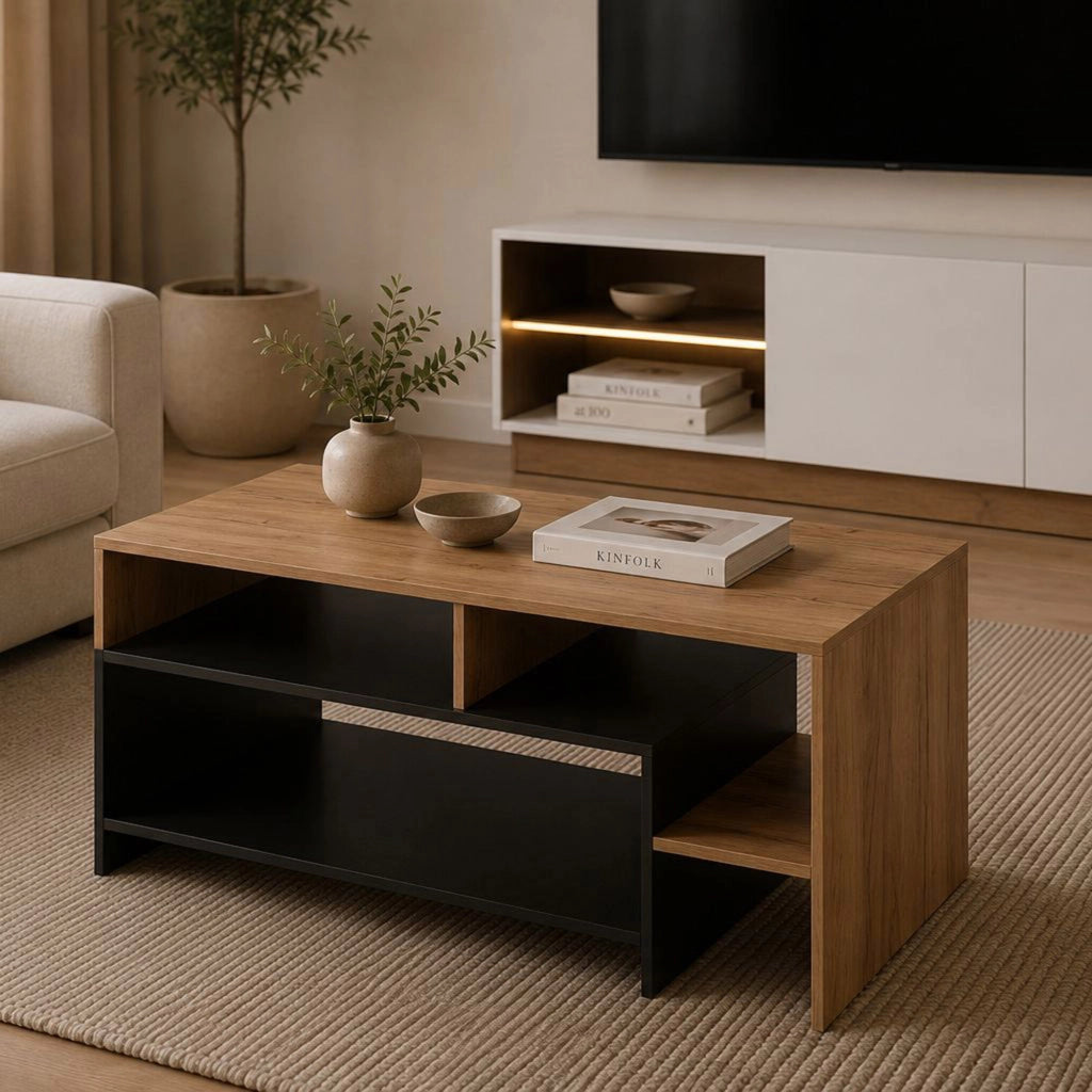 Karaseso, Tavolino da Salotto 3 Vani, 120x60x53h cm Marrone Rovere