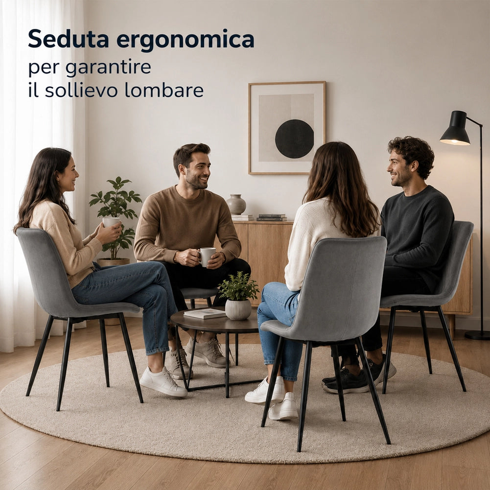 Set 4 Sedie Grigio con Rivestimento in Velluto e Piedi Neri Seduta Ergonomica