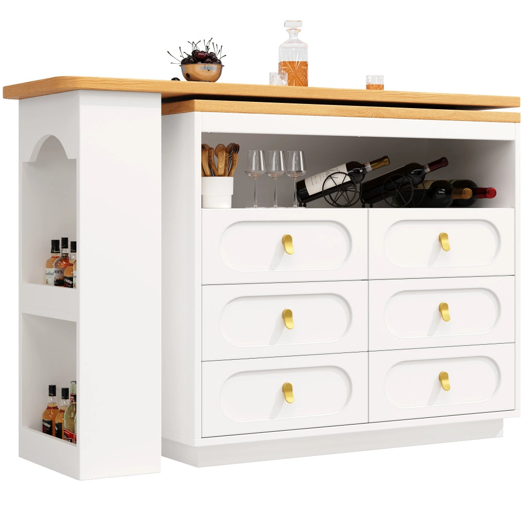 Tavolo bar estraibile 360¡ã - Zephmum- Regolabile 138-203cm, rotelle, cassetti, bianco