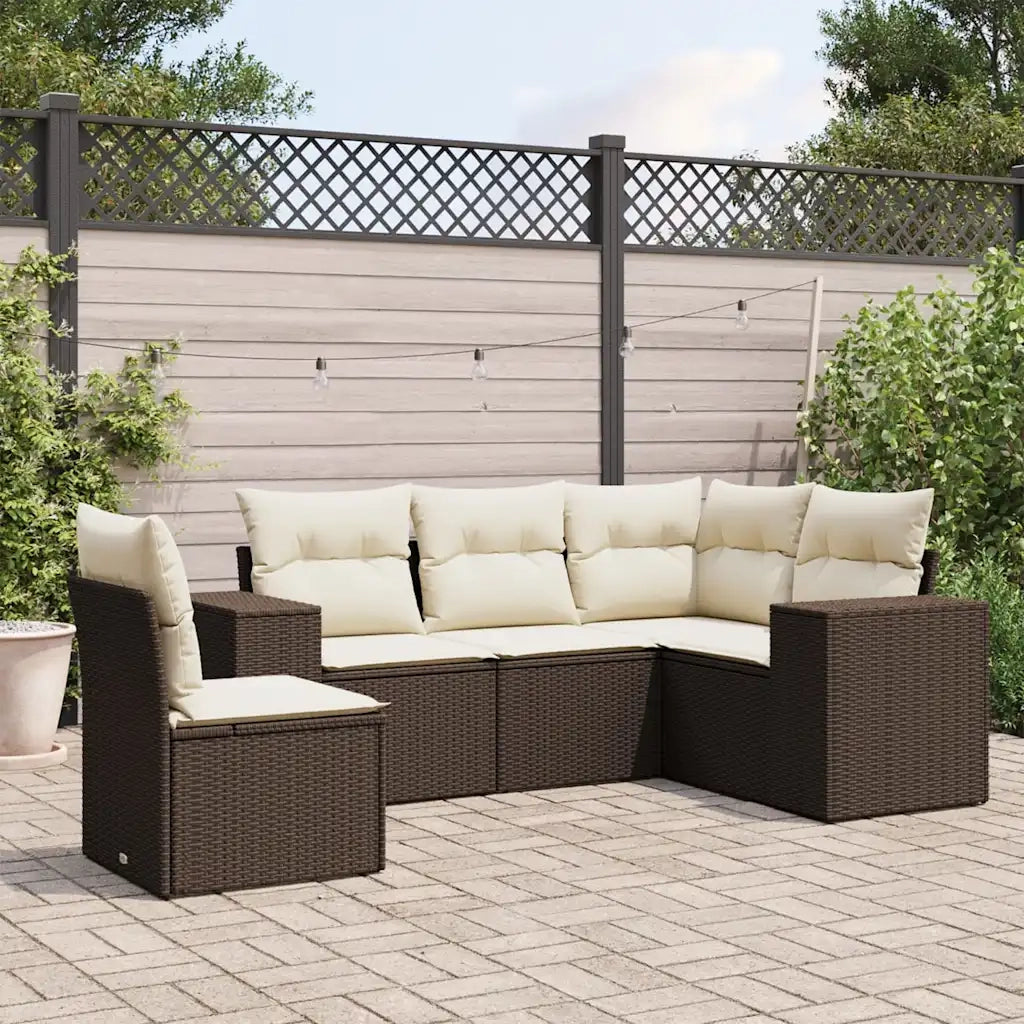 Set Divano da Giardino 5 pz | Set Salotto da Giardino con Cuscini Marrone in Polyrattan