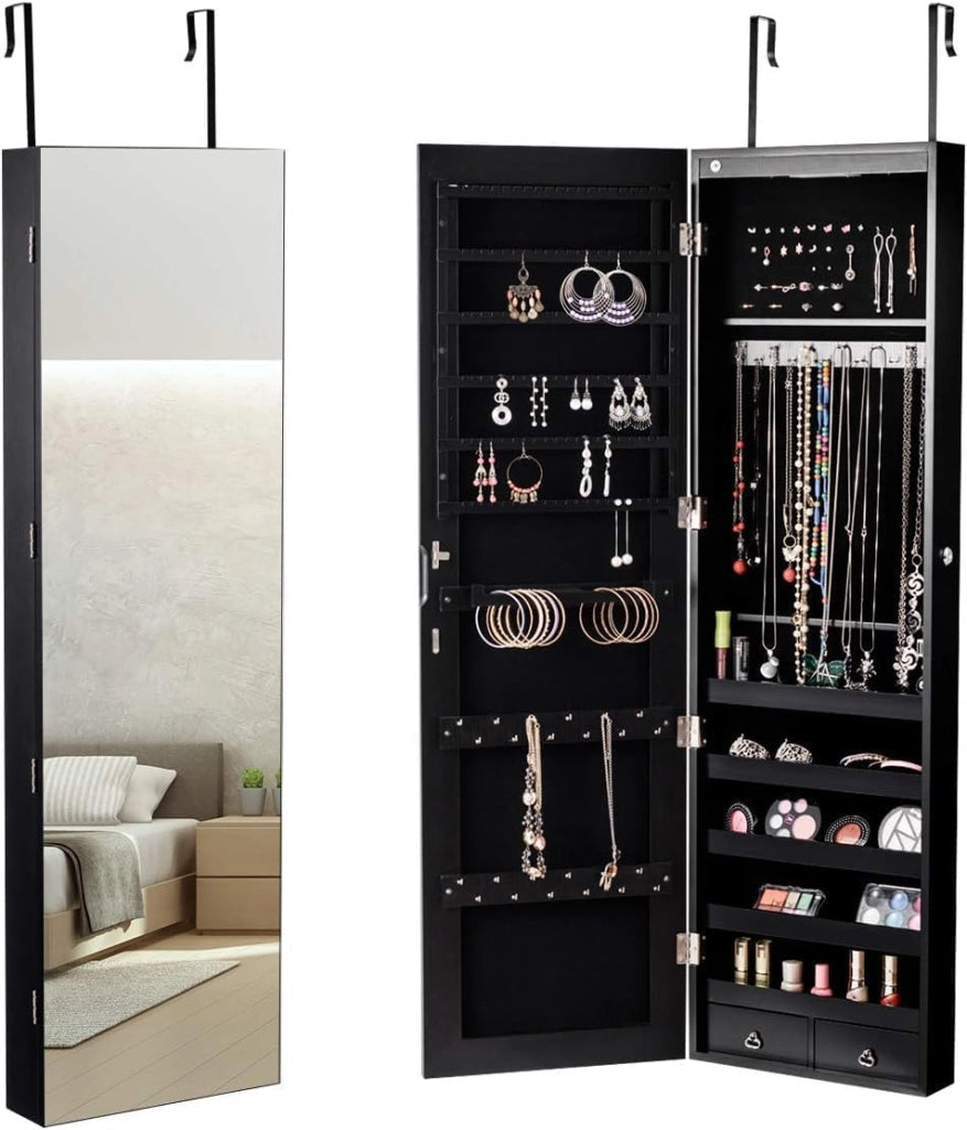 Armadio per Gioielli da Parete, con Luce a LED, 2-In-1 Design, Armadietto con Specchio Salvaspazio, 120 x 36 x 10 cm (NERO)