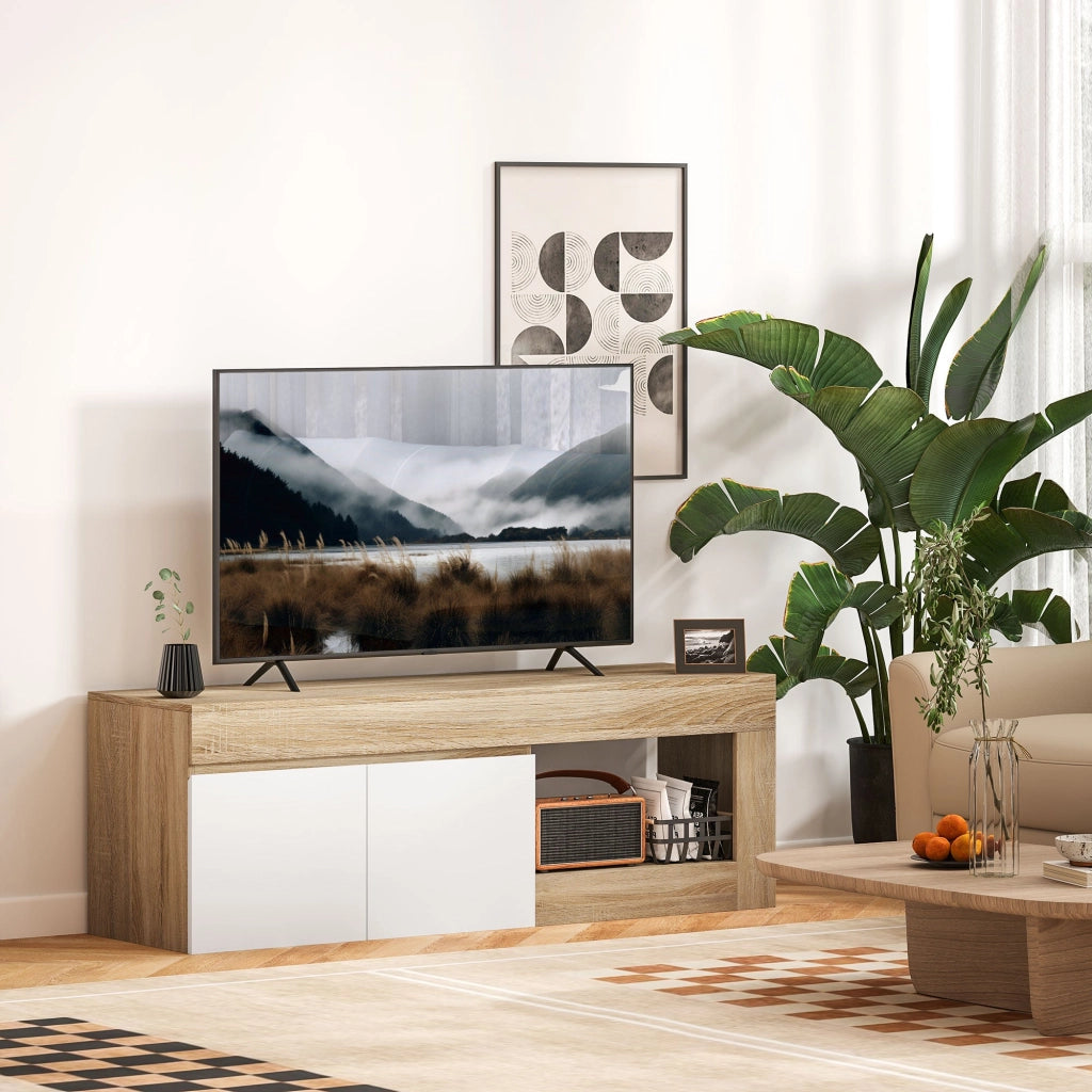 Mobile TV Max 60" con Armadietto 2 Ante e Ripiano Aperto 140x40x48 cm Legno Naturale e Bianco