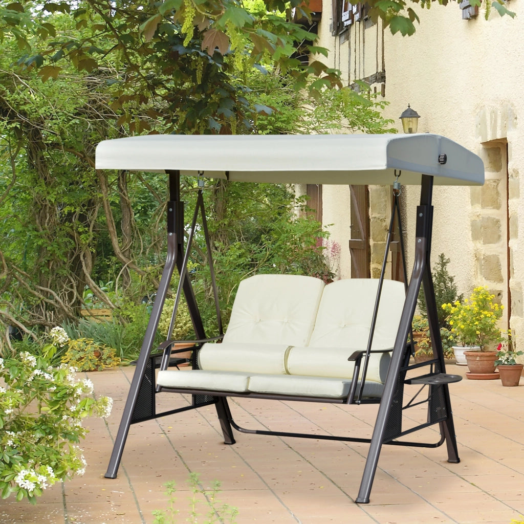 Balan?oire de porche 2 places Balan?oire de jardin avec auvent solaire coussin et plateau cadre m¨¦tallique housse en polyester beige 162x118x173cm