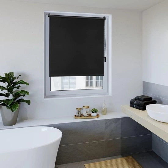 Rullo di tenda termoriflettente 95 x 160 cm, nero, senza fori, con la stessa finitura, Oeko-Tex Standard 100, protezione visiva, chiusura solare, fissaggio per finestre e porte con Klemmfix