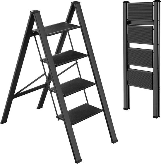 Ladder a 4 gradini - Scaletta - Scaletta antislipla - Scaletta pieghevole - Dimensioni 45x84x101 cm - Peso massimo 150 kg - Nero