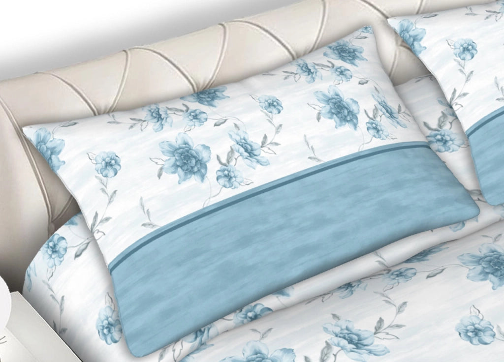 Completo Lenzuola 100% Cotone Made Italy Fantasia Floreale Gaia C.N - Matrimoniale - Azzurro