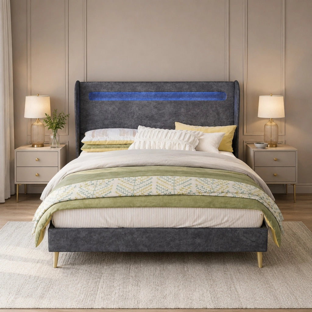 Letto 140 × 200 cm con testiera regolabile e illuminazione LED multicolore in tessuto e metallo grigio