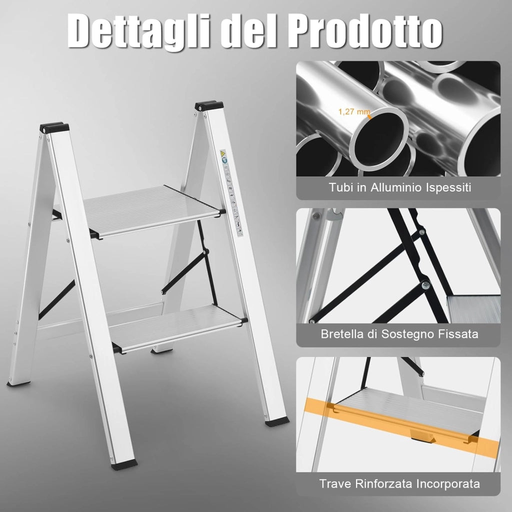 Scala Pieghevole in Alluminio a 2 Gradini, Scaletta Salvaspazio con Fibbia di Sicurezza, Ampi Pedali e Piedini Antiscivolo, Telaio in Alluminio Robusto e Leggero, Portata 150kg