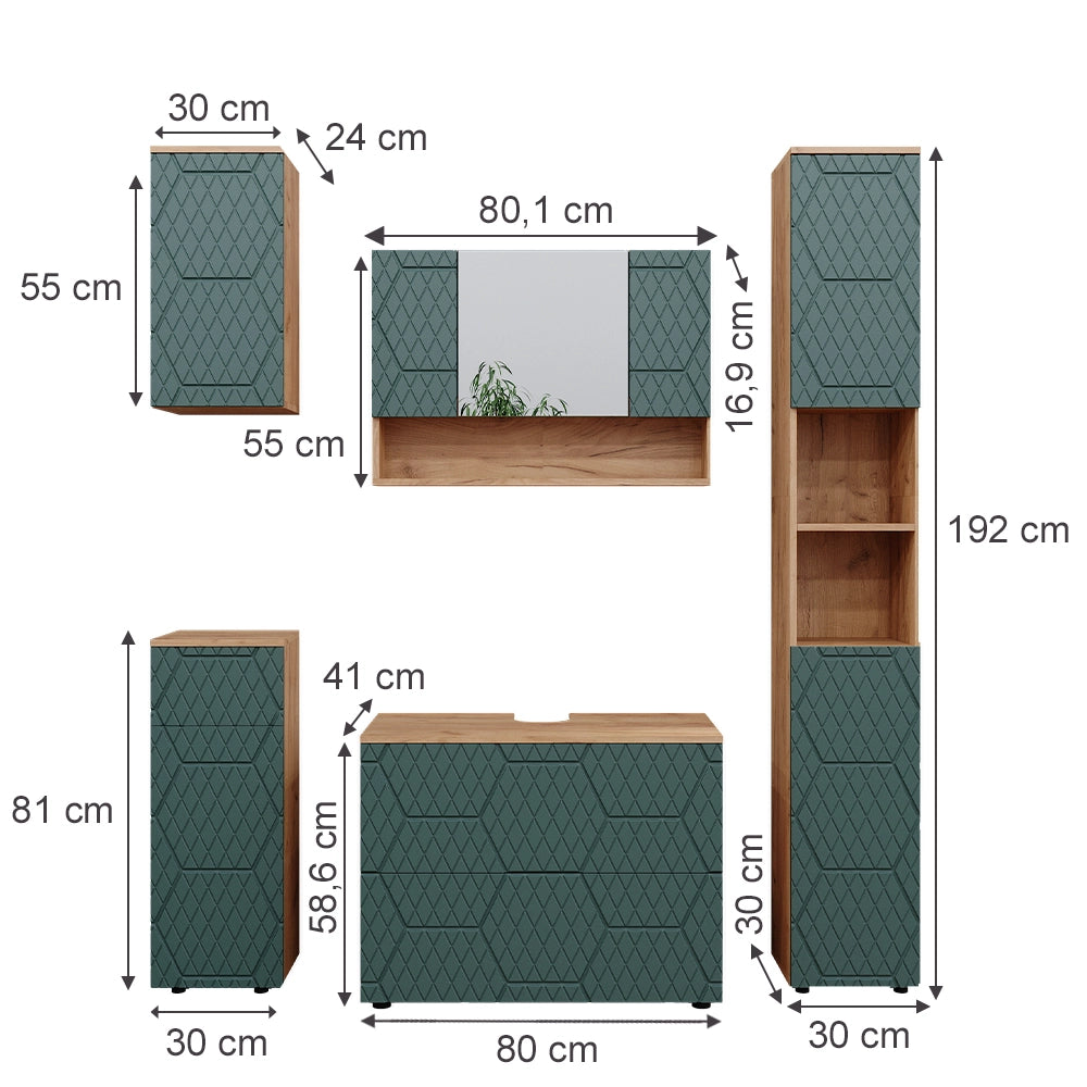 Vicco Set mobili bagno Quercia verde/oro 5 parti