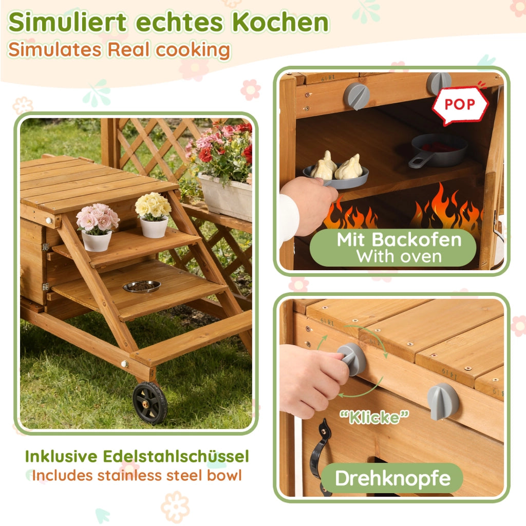 Cucina da gioco da esterno in legno naturale con ruote, forno magnetico e accessori per bambini da 3 anni