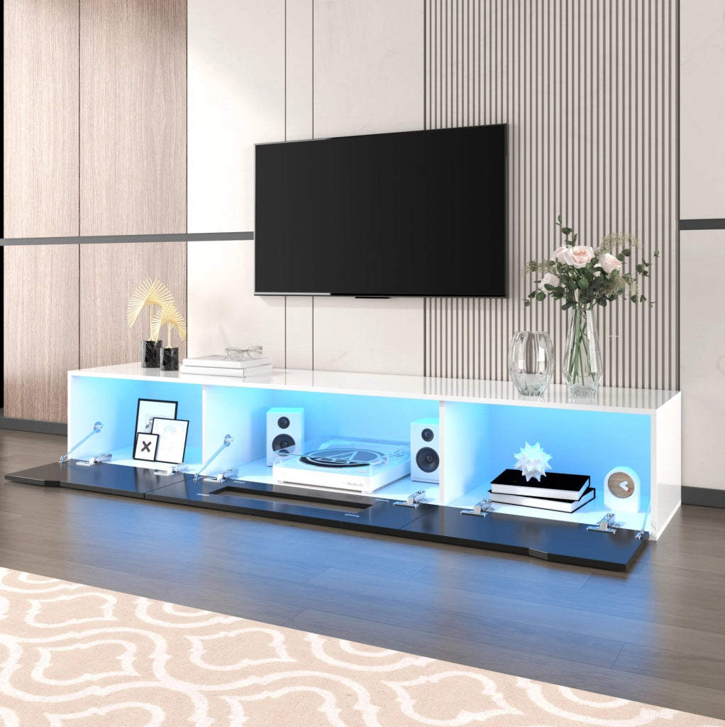 Mobile TV moderno nero e bianco lucido con LED multicolore, 180 cm