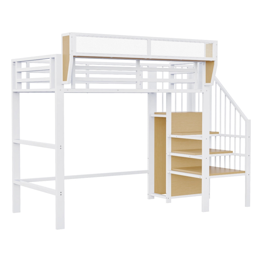 Letto a soppalco 90x200 in metallo bianco con scala di sicurezza e ripiano