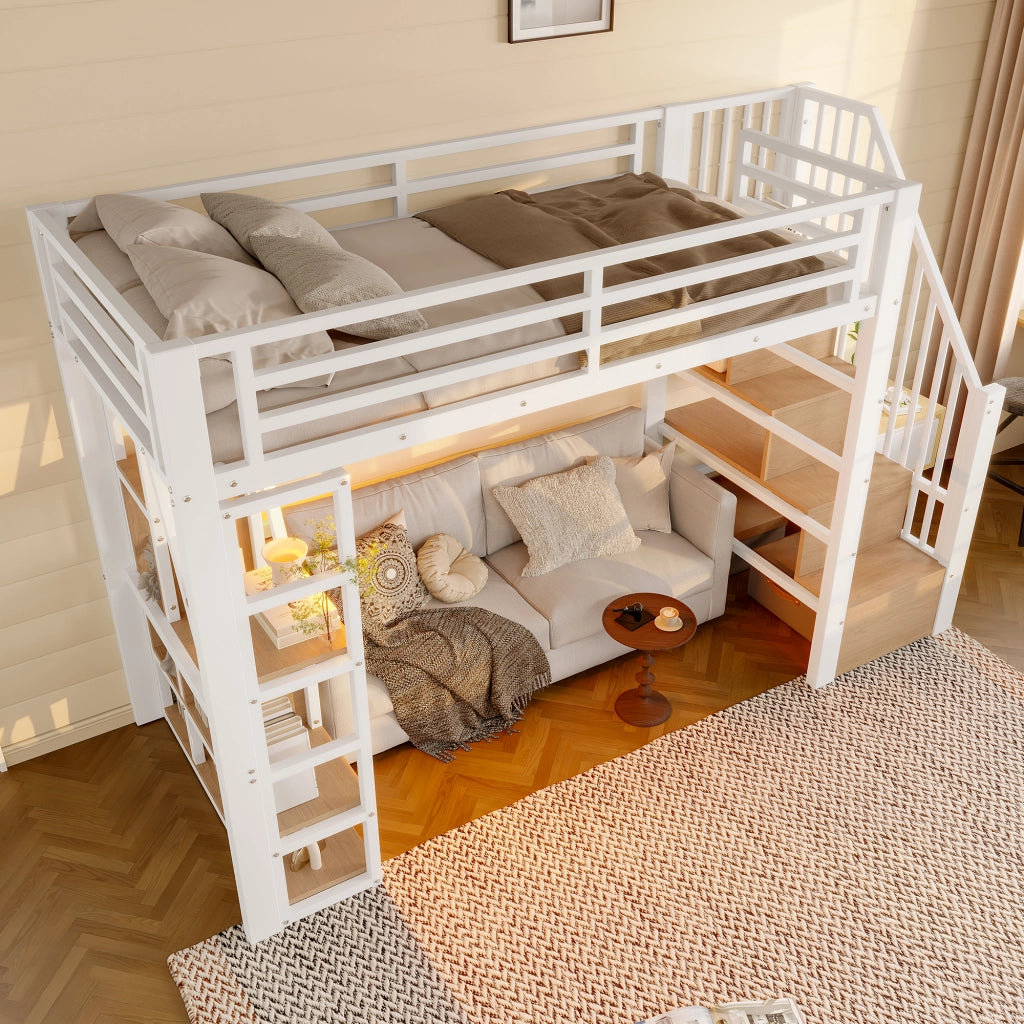 Letto a soppalco bianco 90x200 cm in acciaio e MDF con luci LED, ripiani, gradini contenitore e sponde
