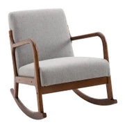 Poltrona a Dondolo Imbottita, Design Vintage in Legno e Poliestere Grigio, per Interni, Ufficio, Soggiorno, 64x86x80cm