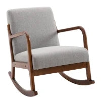 Poltrona a Dondolo Imbottita, Design Vintage in Legno e Poliestere Grigio, per Interni, Ufficio, Soggiorno, 64x86x80cm