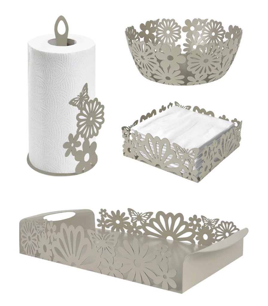 Set Accessori Cucina 2/4 Pezzi Porta Scottex Portatovaglioli Vassoio Grande Da Portata Portafrutta Centrotavola Metallo Design Moderno Decorazioni Tavola  - Fiori - 4 Pezzi