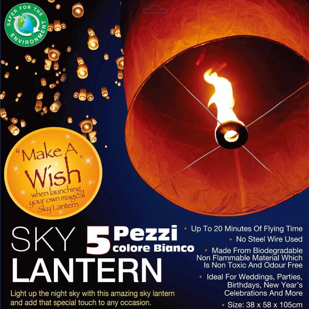 Trade Shop - Set 5 Lanterne Sky Volanti Bianche Cinesi Cielo Bianco Festa Notturno Matrimonio -