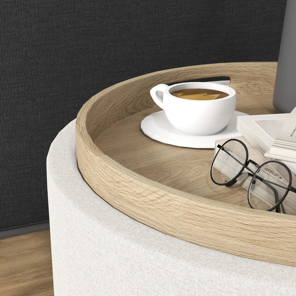 Pouf rotondo 56 x 42 cm avorio con vano contenitore e vassoio sollevabile