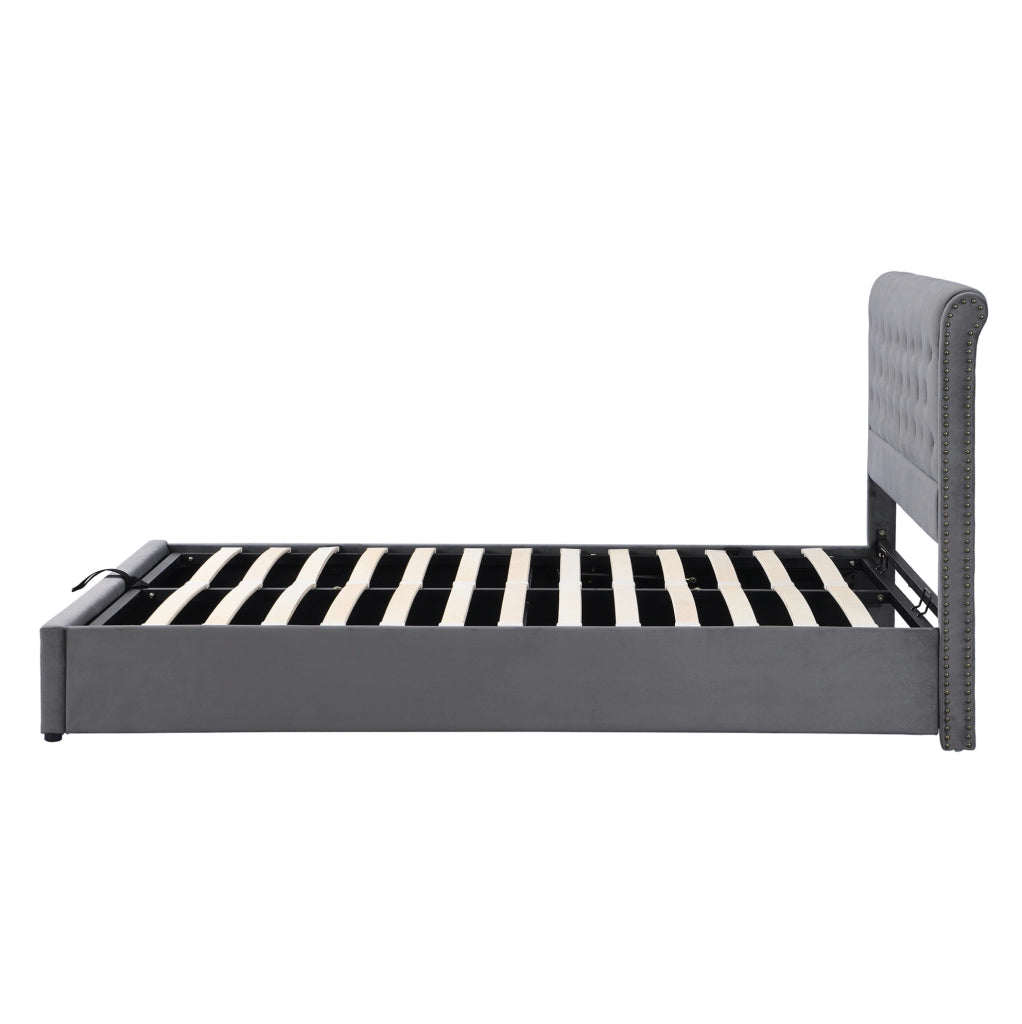 Letto imbottito contenitore 160x200 cm in velluto grigio; rete a doghe inclusa