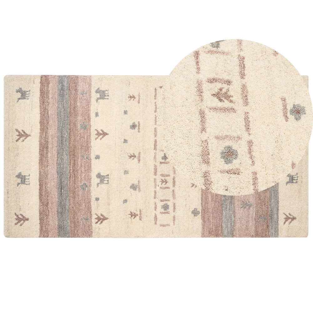 Tappeto Gabbeh in lana beige e marrone con motivo geometrico 80 x 150 cm stile boho soggiorno camera da letto