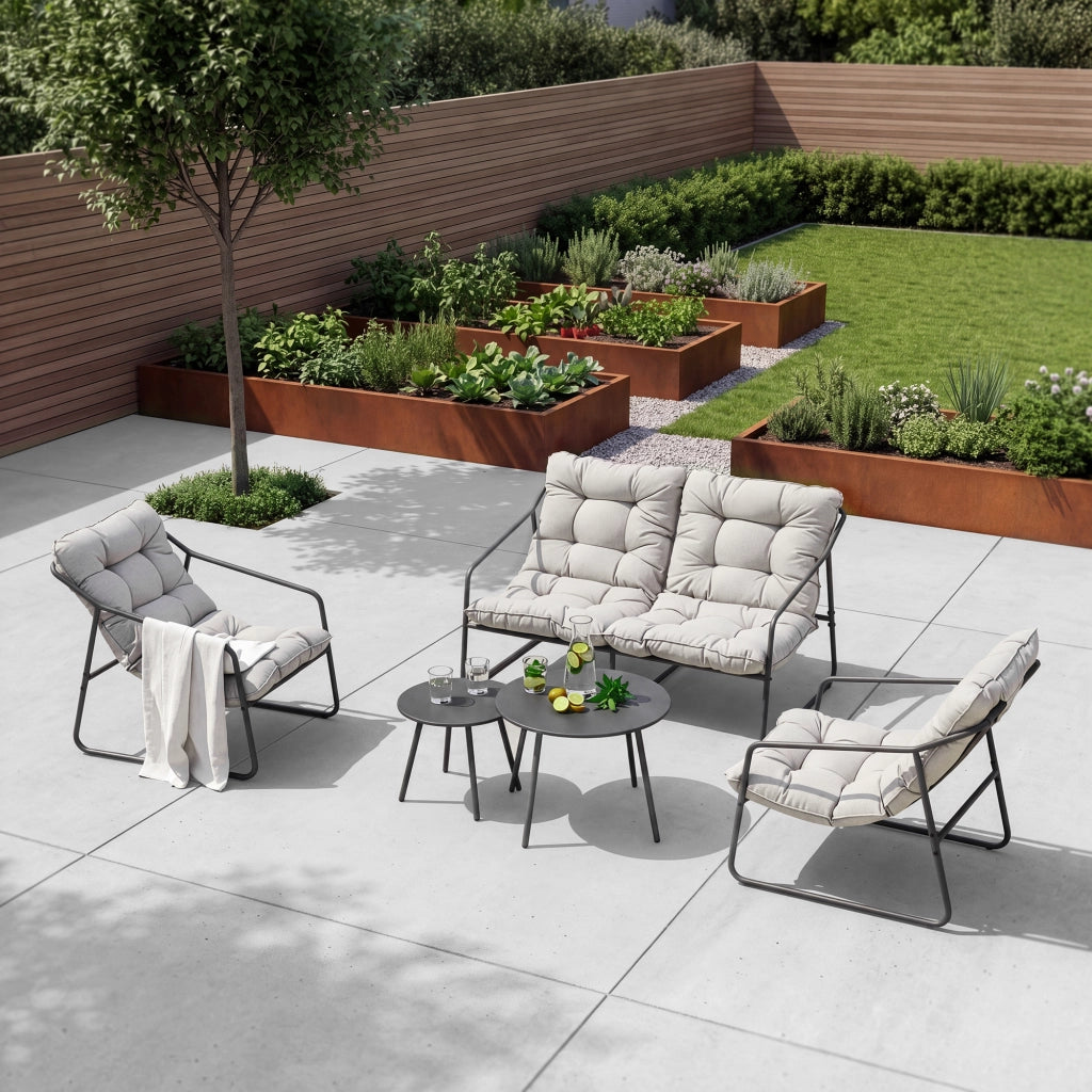 Set di 5 Mobili da Giardino Kivanta 2 Tavolini Rotondi 2 Poltrone e Divano - Grigio Scuro/Beige [en.casa]