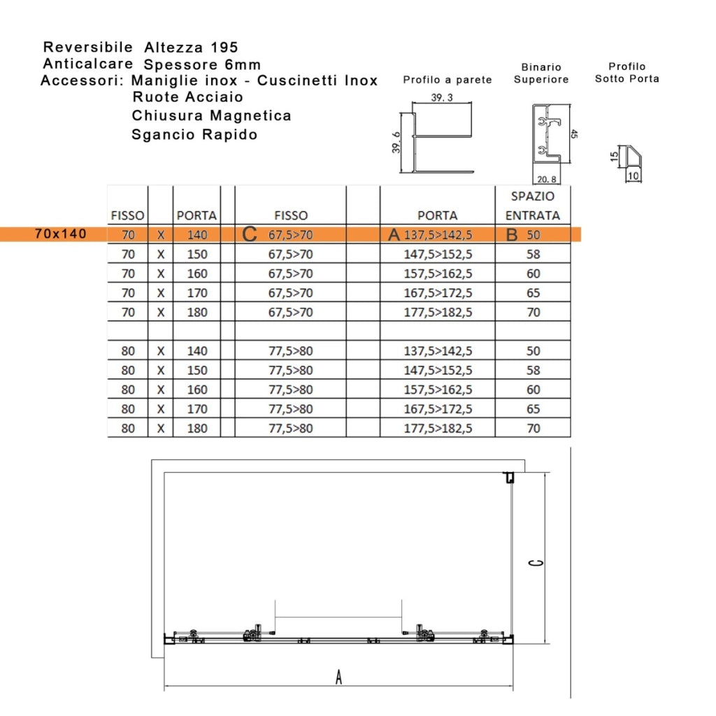 Box doccia tre lati scorrevole cristallo 6mm h195 lagoa-trio, misura 70x140x70