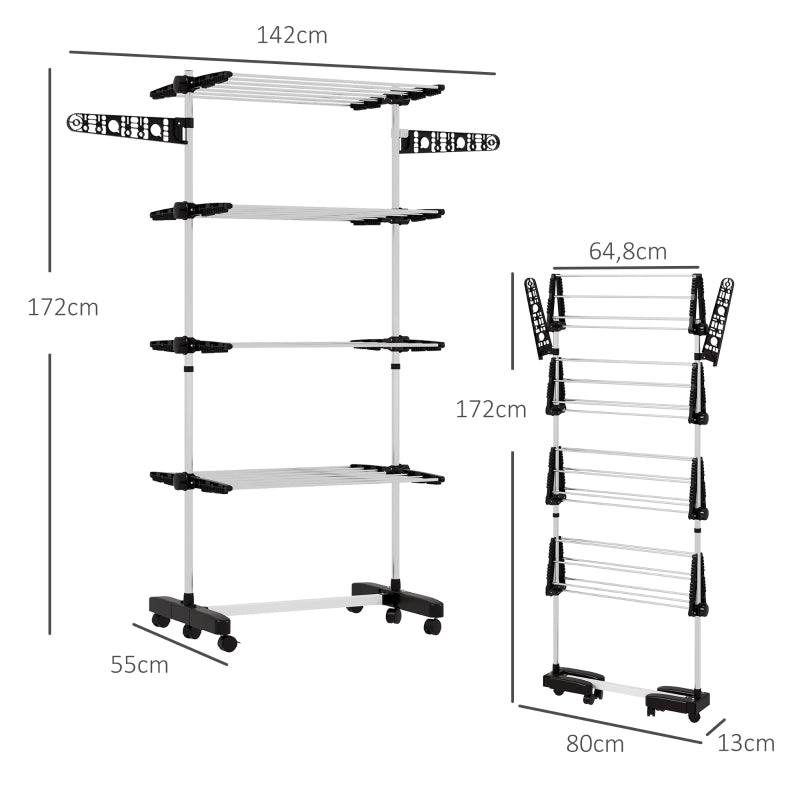 STENDIBIANCHERIA Pieghevole 142x55x172 cm Acciaio inox Nero con ruote