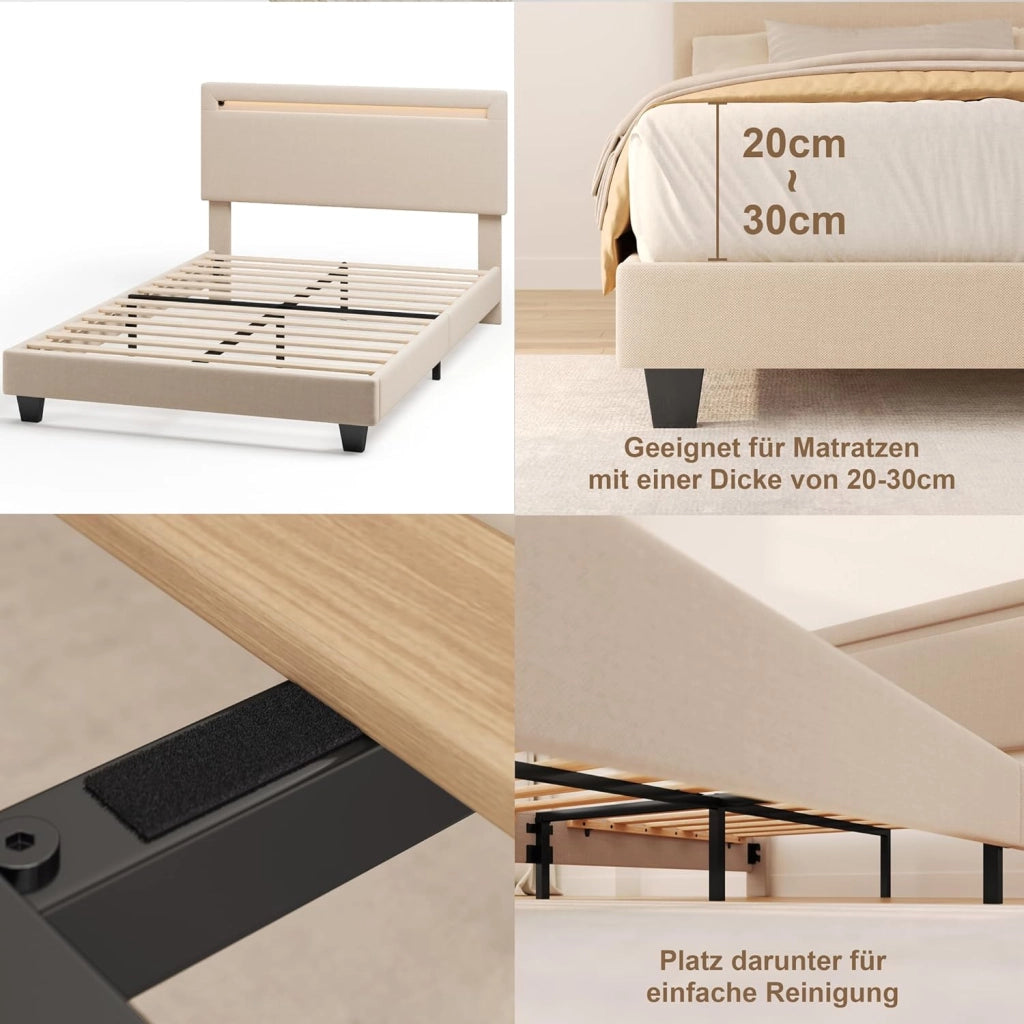 Letto imbottito 120x200cm con luce LED, Letto a piattaforma imbottito, Struttura in ferro, Testiera imbottita, Bse robusta, Adatto per camere degli ospiti (Beige)