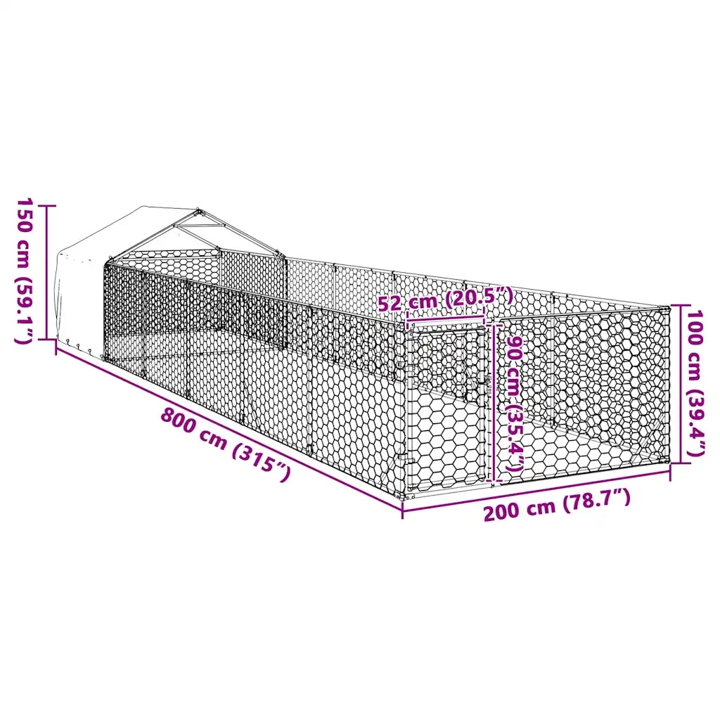 vidaXL Cuccia per Cani da Esterno con Recinto 8x2x1,5m Acciaio Zincato