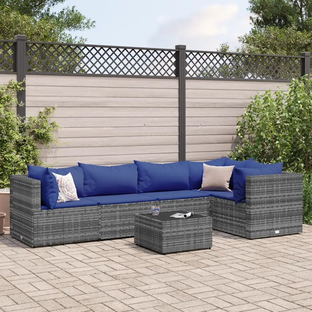 Set Divani da Giardino 6 pz con Cuscini in Polyrattan Grigio