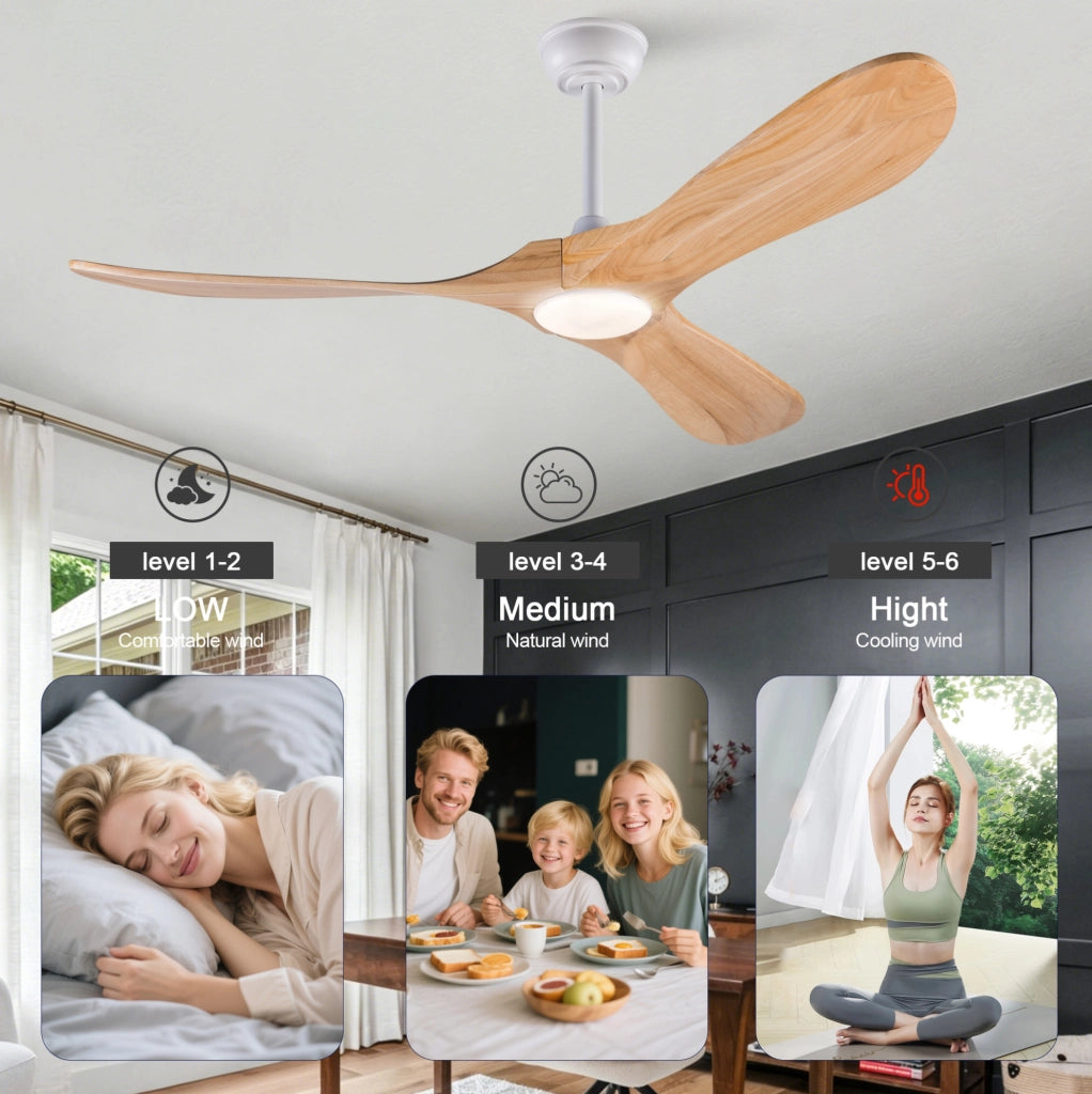 Ventilatore da soffitto 52 pollici con luce LED; 3 pale in legno massello; bianco e naturale