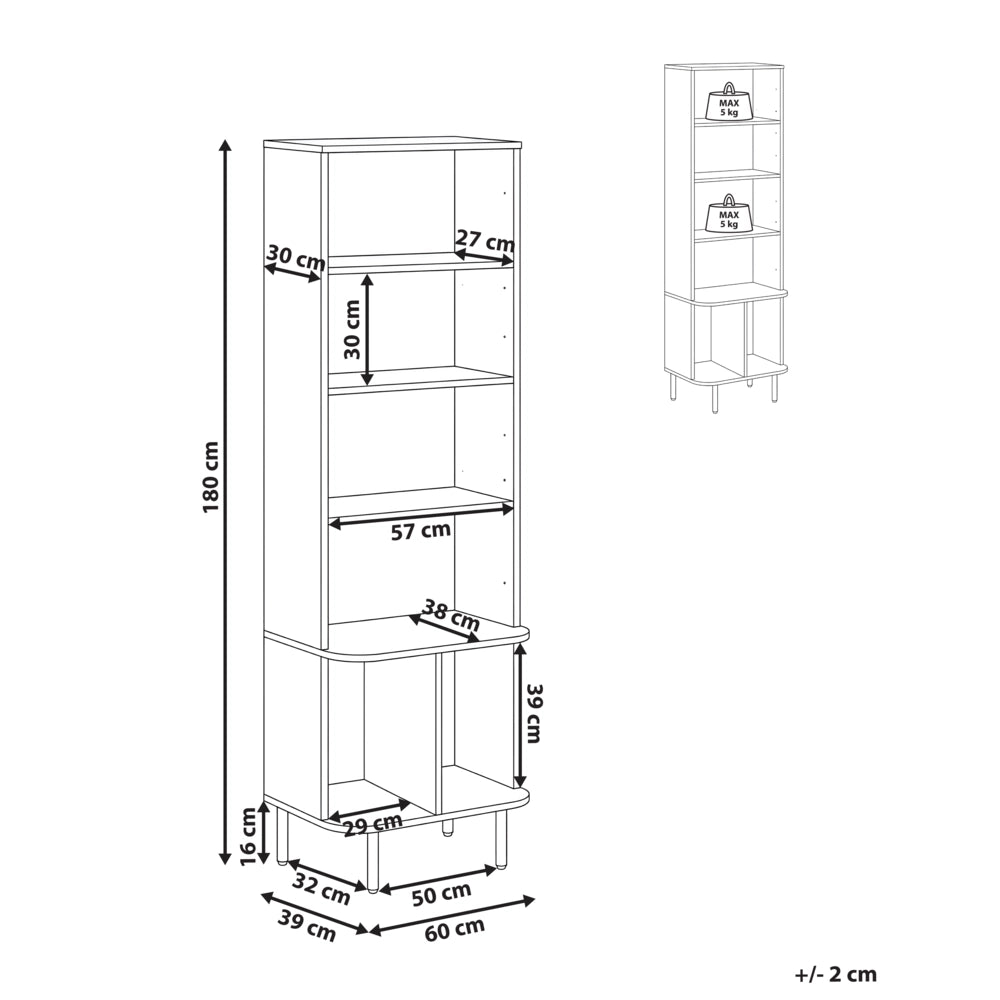 Libreria a 5 ripiani in MDF, impiallacciatura di carta, truciolato e ferro laminato, colore marrone scuro
