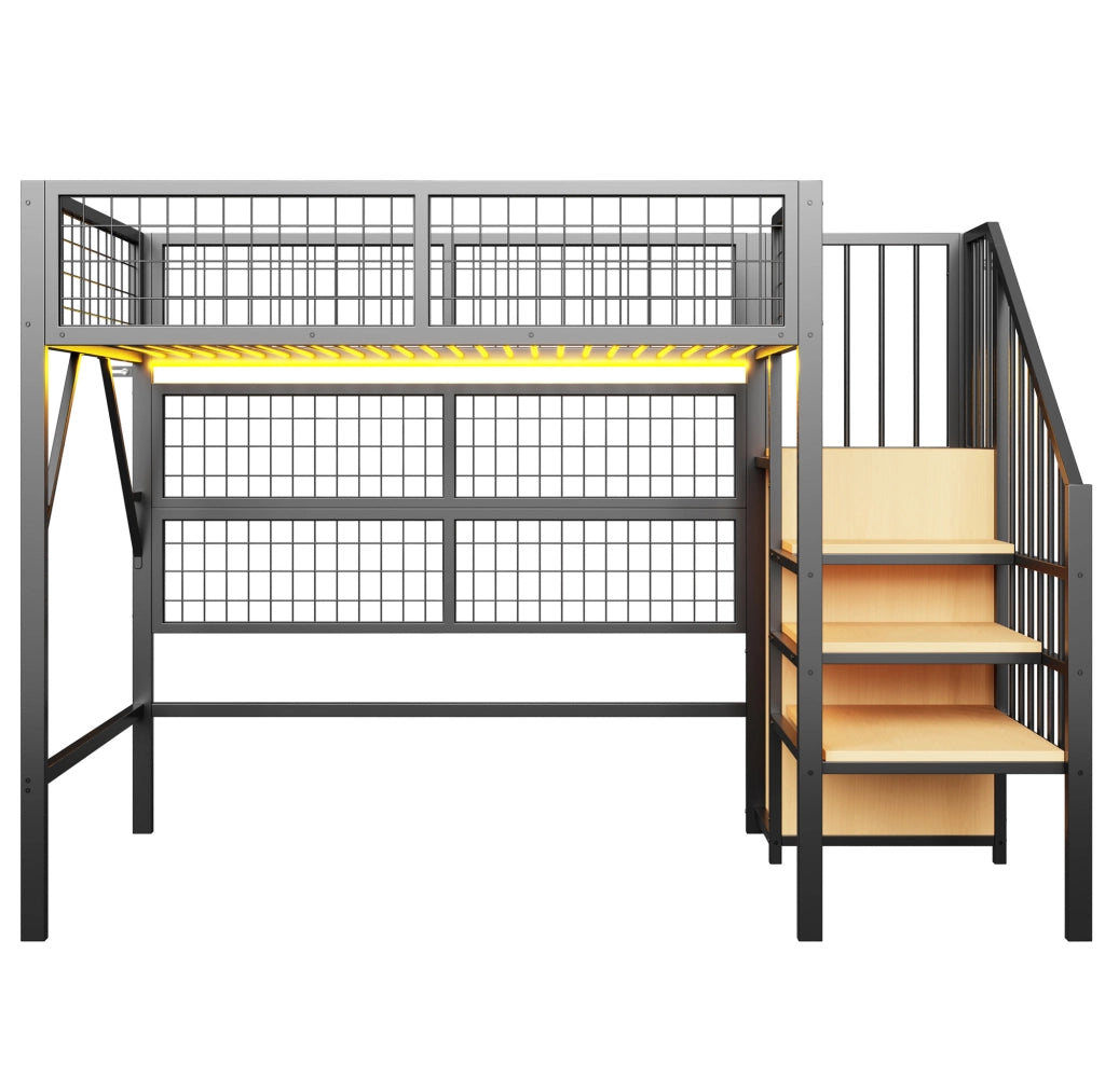 Letto a soppalco in metallo 90x200 con scala contenitore e LED smart