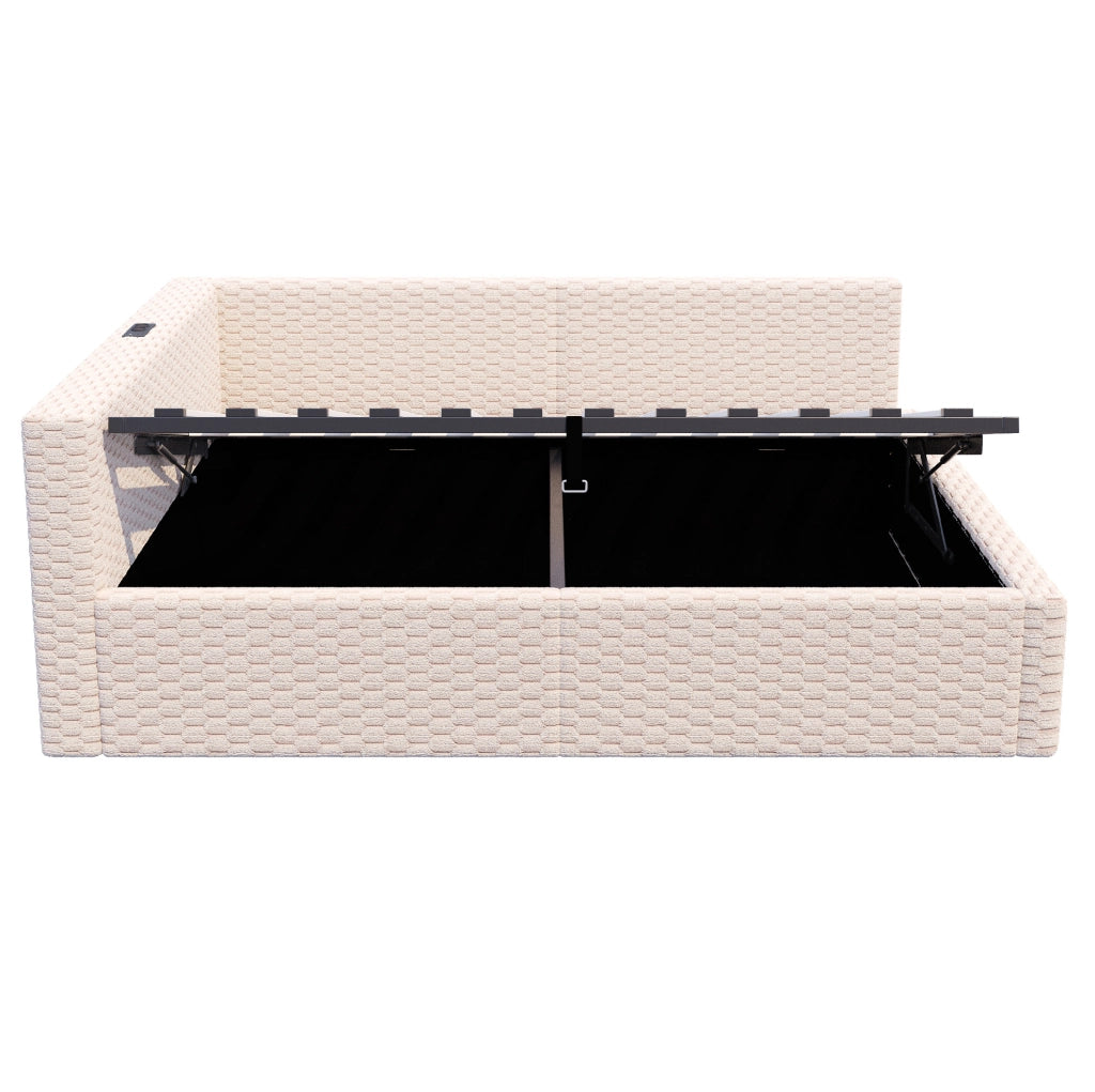 Letto imbottito 140x200 cm con contenitore idraulico, LED e USB-C in velluto beige