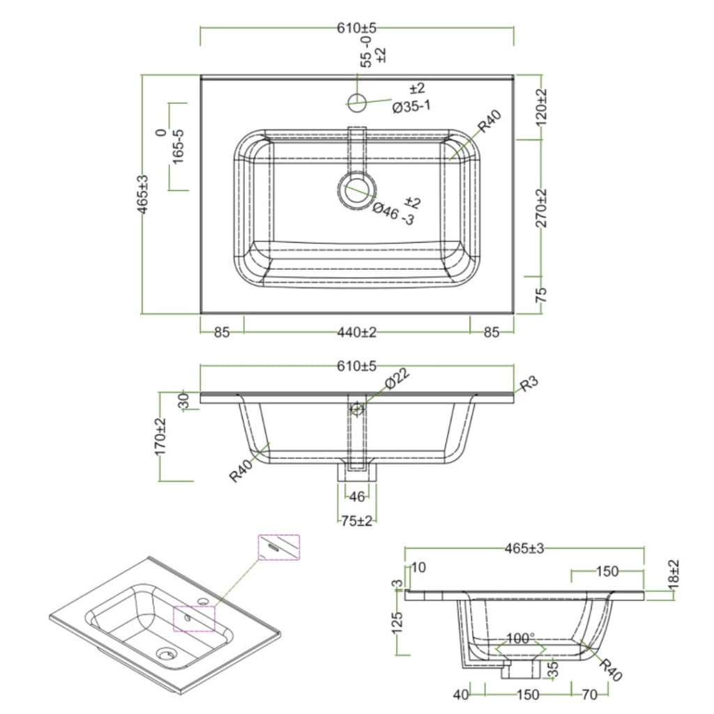 Lavabo ad incasso in ceramica bianco lucido per mobili bagno *** misure 61x46 cm, confezione 1