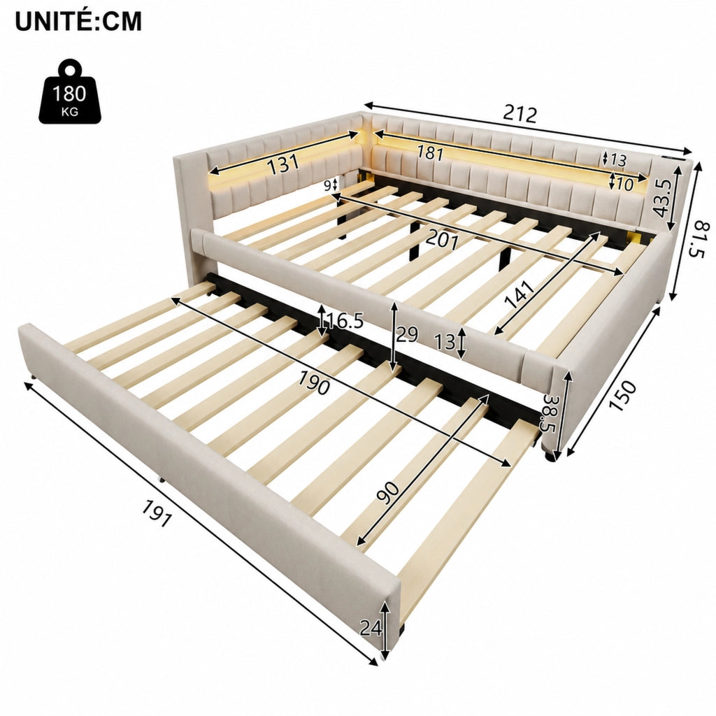 DESMIU Divano Letto 140 × 200 cm 2 posti con letto estraibile, LED, USB, Type-C, senza materasso, beige