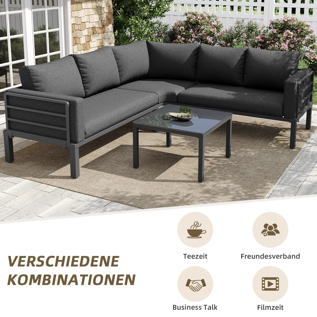 Set mobili giardino 4-5 persone: 1 tavolino vetro; ferro zincato; cuscini seduta; piedini regolabili