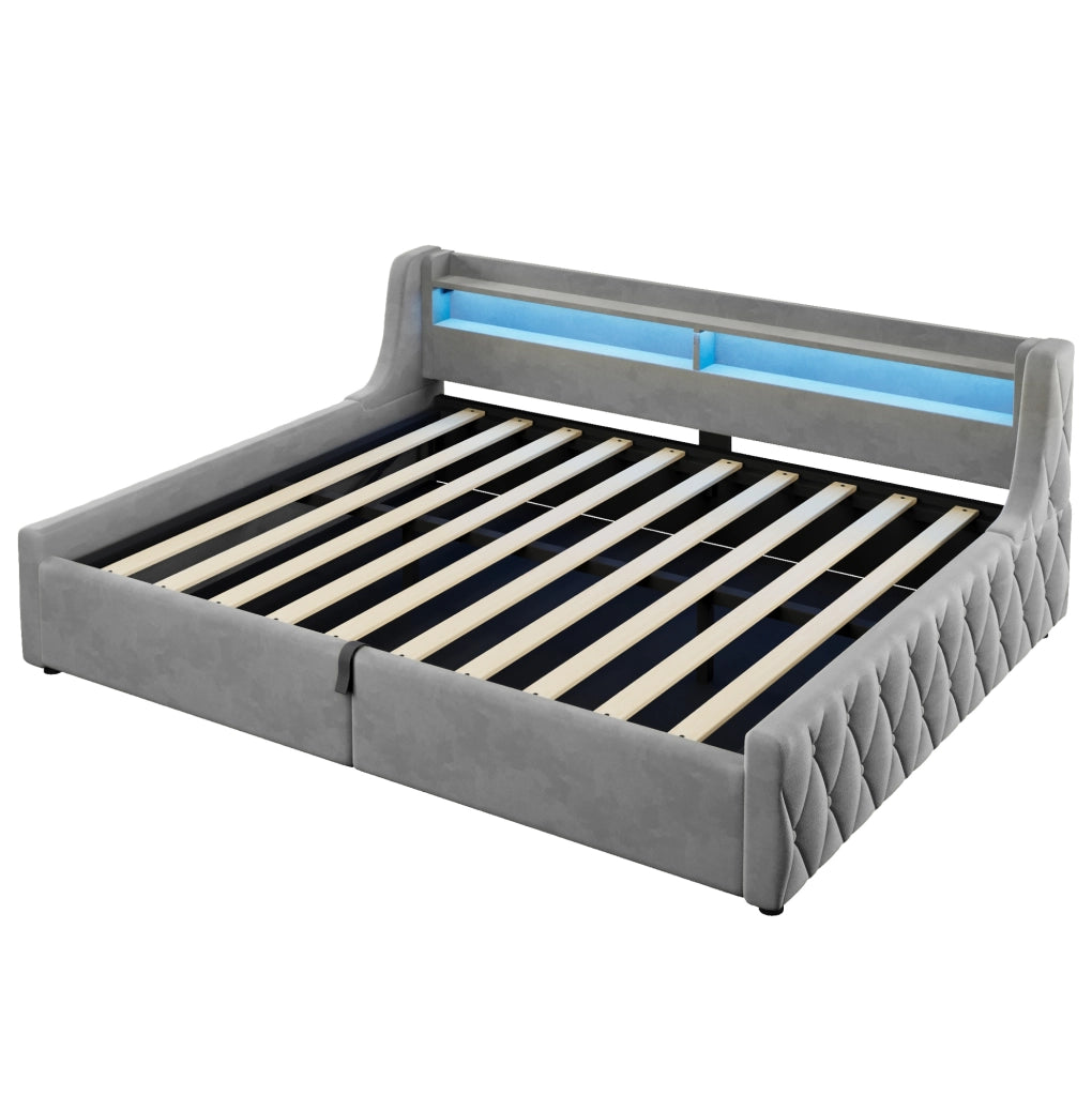 Letto imbottito 140x200 cm grigio con LED e contenitore